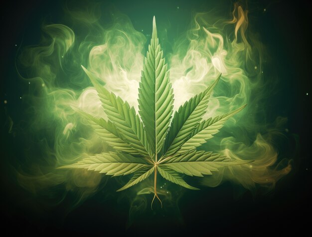 Fresh and vibrant green marijuana leaves on varied background