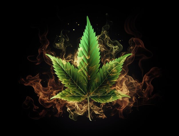 Fresh and vibrant green marijuana leaves on varied background