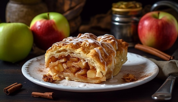 Free photo freshly baked apple strudel on rustic wood generated by ai