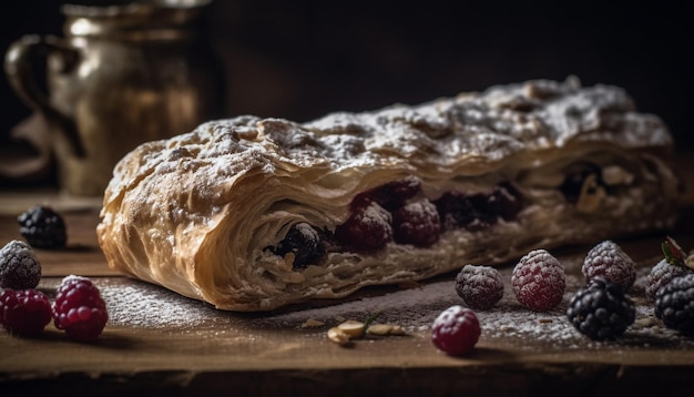 Free Photo freshly baked berry strudel on rustic wood table generated by ai