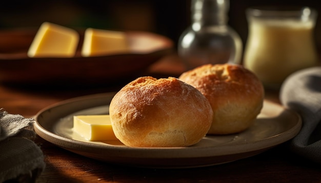 Free photo freshly baked bread and sweet buns on table generated by ai