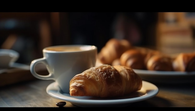 Freshly baked croissant and coffee for breakfast generated by AI