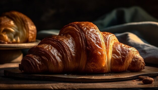 Freshly baked French pastries on rustic table generated by AI