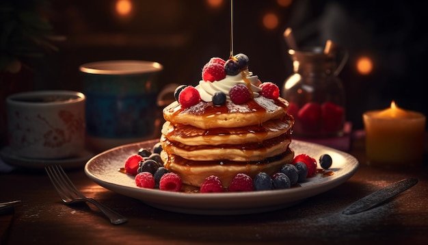 Freshly baked homemade berry pancakes with sweet syrup generated by AI