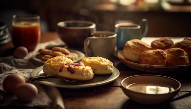 Freshly baked homemade muffins on rustic wood plate generated by AI