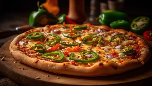 Freshly baked pizza on rustic wooden table generated by AI