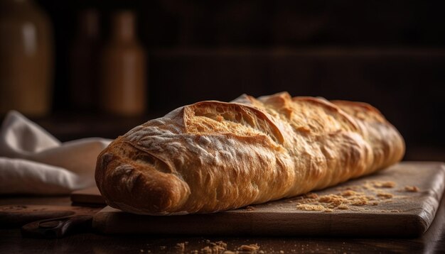 Freshly baked rustic bread on wooden table generated by AI