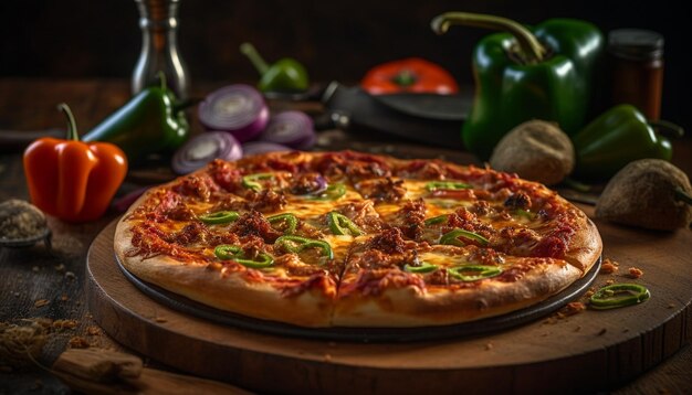 Freshly baked rustic pizza on wooden table generated by AI