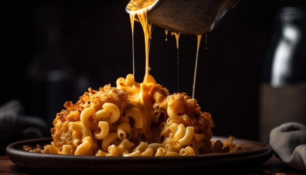 Freshly cooked gourmet pasta on wooden plate generated by AI