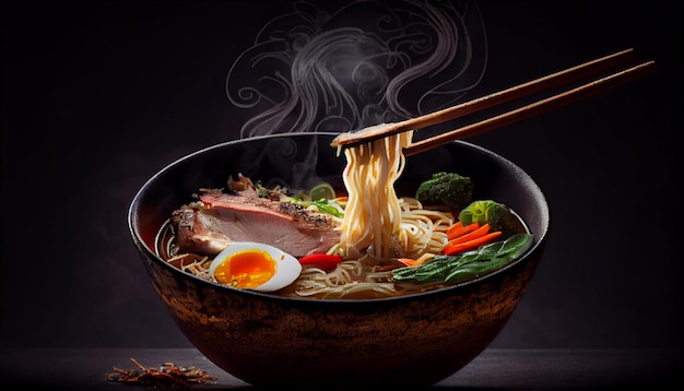 Freshly cooked ramen noodles with pork and vegetables generative AI