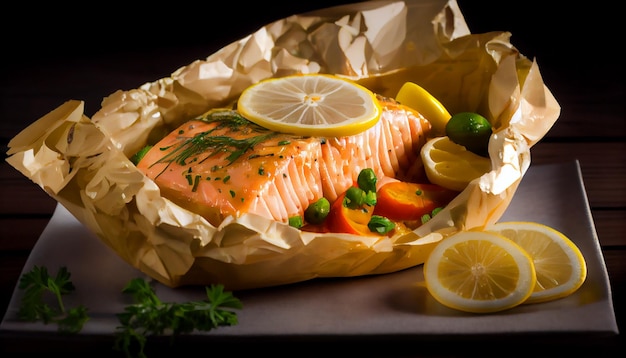 Free photo freshly grilled salmon fillet on a wooden plate generated by ai