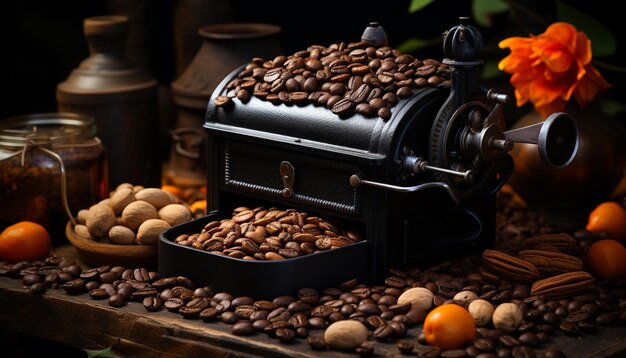 Freshly ground coffee beans bring rustic aroma to the table generated by artificial intelligence