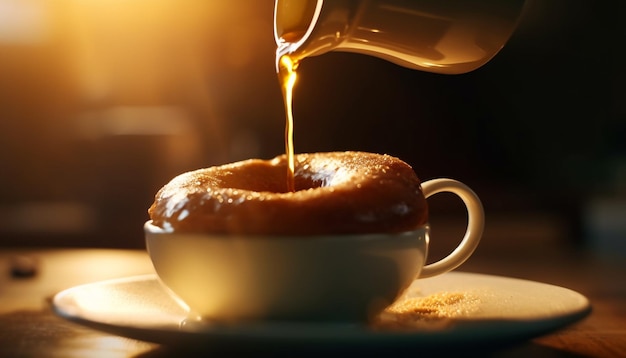 Freshly poured cappuccino on wooden table steam rising generated by AI