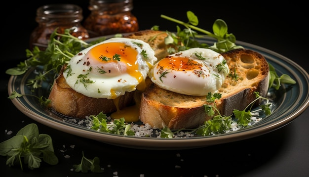 Free photo freshness on plate grilled meat salad and toasted bread generated by artificial intelligence