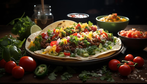 Freshness on a plate tomato meat guacamole salad cilantro avocado generated by artificial intelligence