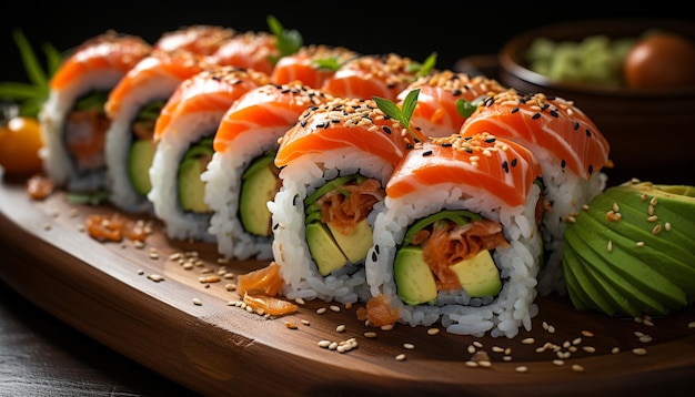 Free Photo freshness rolled up on a plate selective focus on maki sushi generated by artificial intelligence