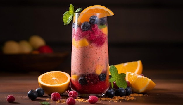 Free Photo freshness of summer fruit cocktail on wooden table with ice generated by artificial intelligence