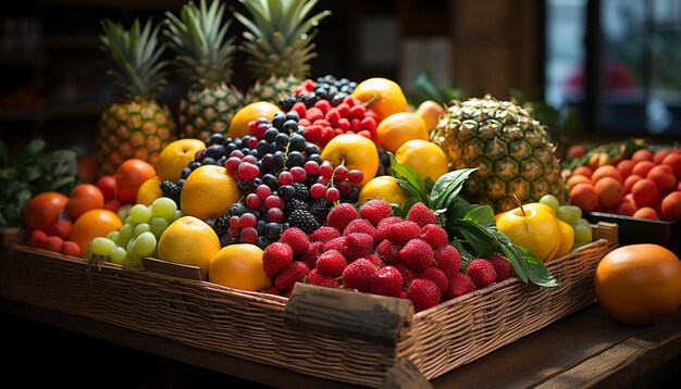 Freshness and variety of healthy fruits in a colorful basket generated by artificial intelligence