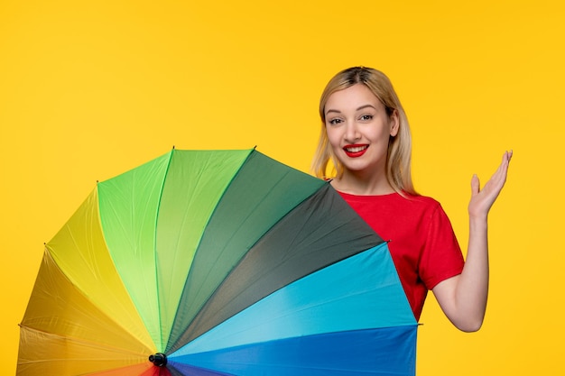 Frevo cute blonde girl celebrating brazilian festival and excited for the party with umbrella