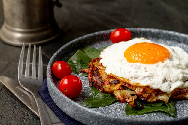 Fried egg with tomatoes and hash browns