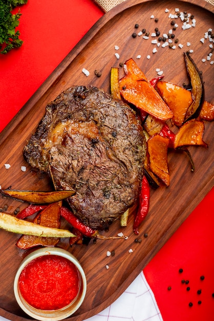 Fried meat steak with vegetables and seeds