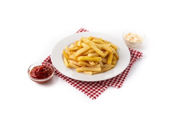 Fried potatoes french fries on plate isolated on white background