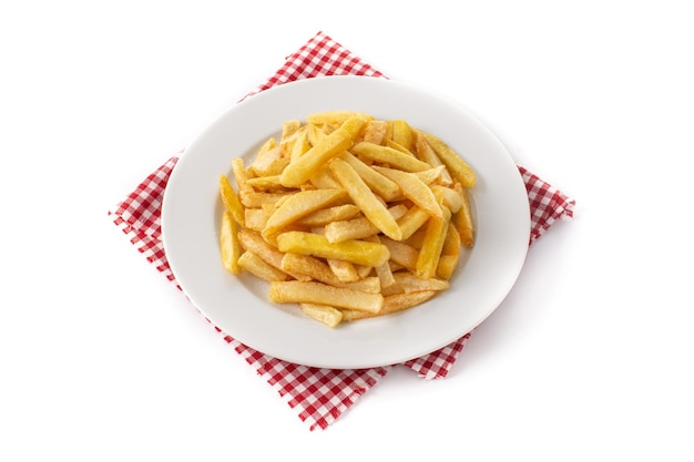 Fried potatoes french fries on plate isolated on white background