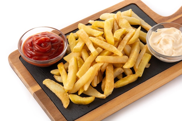 Free Photo fried potatoes with ketchup and mayonnaise isolated on white background