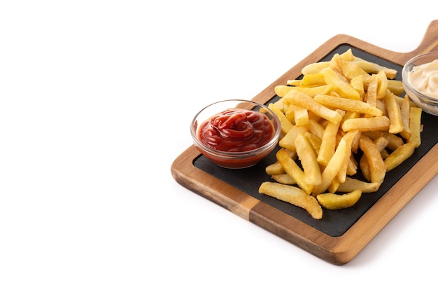 Free photo fried potatoes with ketchup and mayonnaise isolated on white background