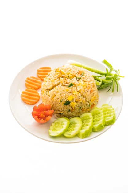 Fried rice with crab meat in white plate