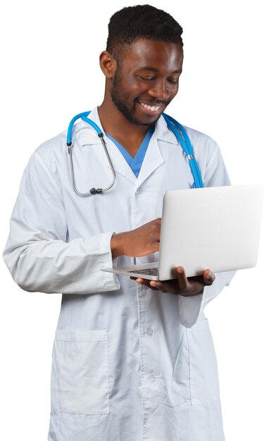 Friendly afroamerican doctor working on a laptop