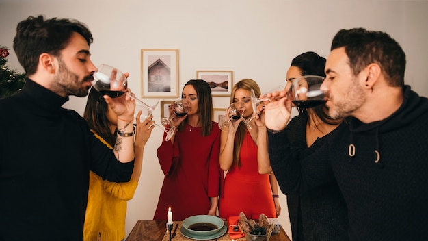 Friends drinking wine at christmas