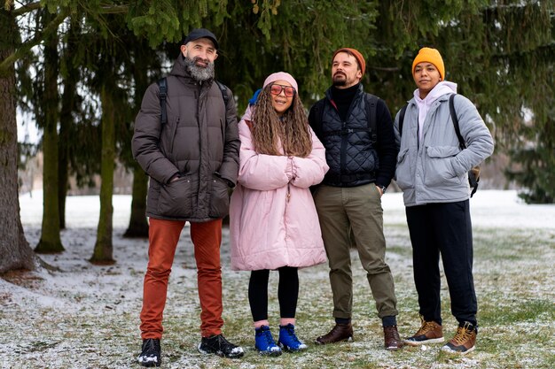 Friends going hiking in winter