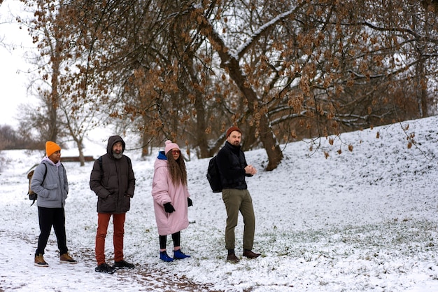 Friends going hiking in winter