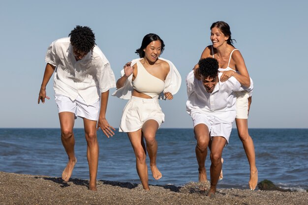 Friends having fun at white party