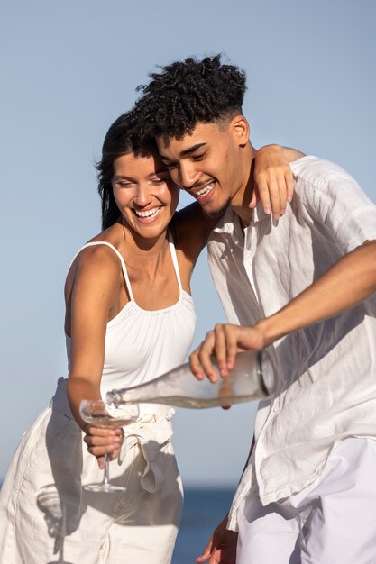 Friends having fun at white party