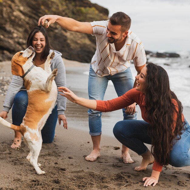 Friends at seaside with dog