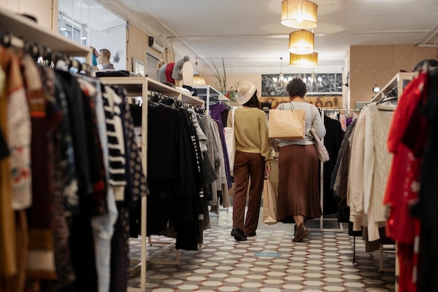 Friends shopping in second hand market