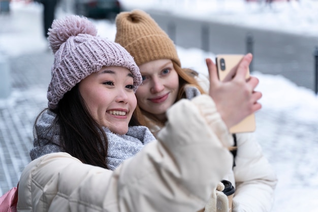 Friends traveling together in winter time