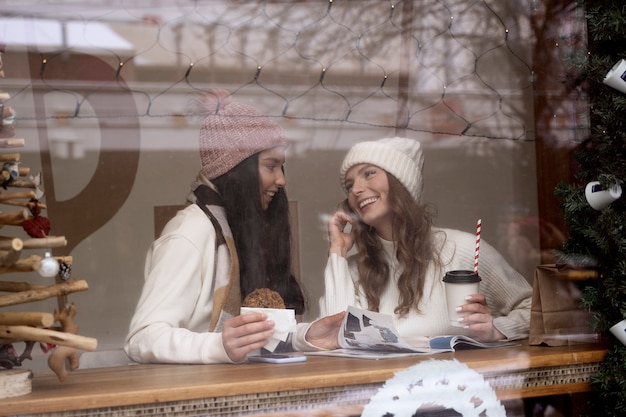 Friends traveling together in winter time