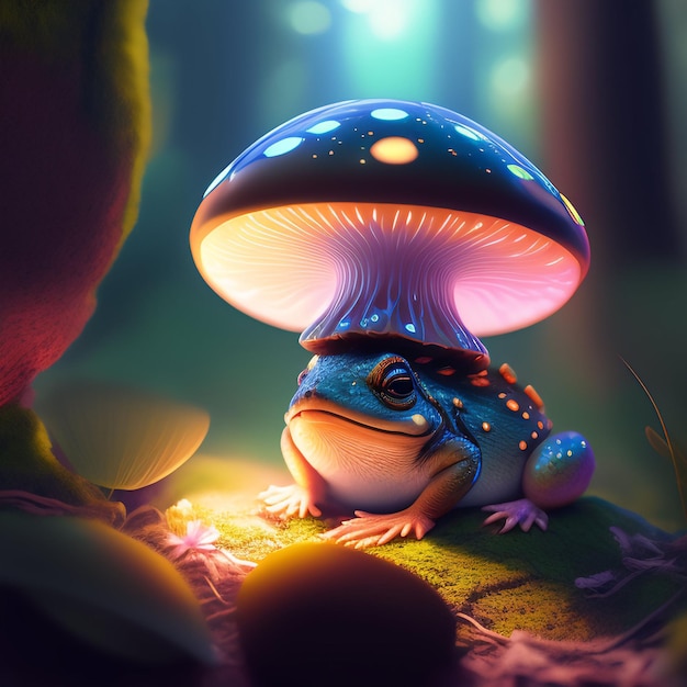 A frog with a mushroom on his head is under a mushroom.