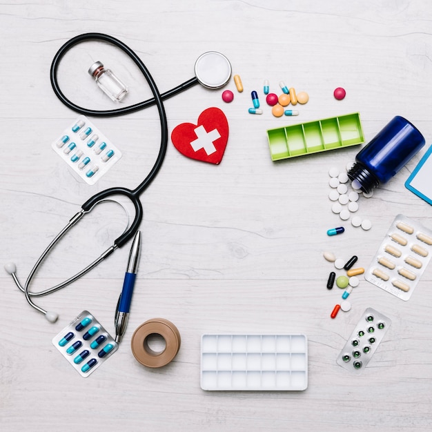 From above border from stethoscope and medications