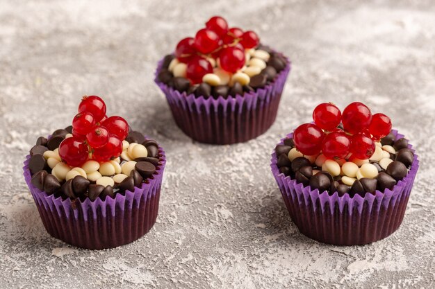 Front close view chocolate brownies with cranberries on the light surface