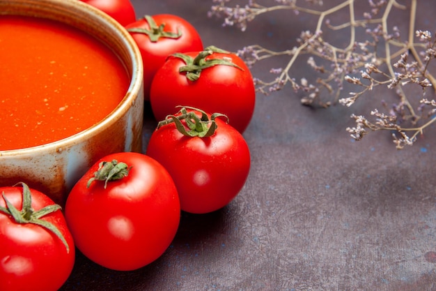 Front close view delicious tomato soup circled with fresh red tomatoes on dark space