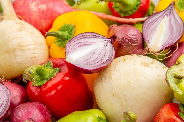 Front close view fresh bell-peppers on white vegetable pepper color ripe photo salad healthy life meal