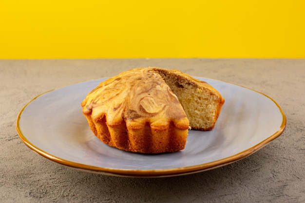 Free photo a front closed up view sweet cake delicious yummy choco cake sliced inside blue plate