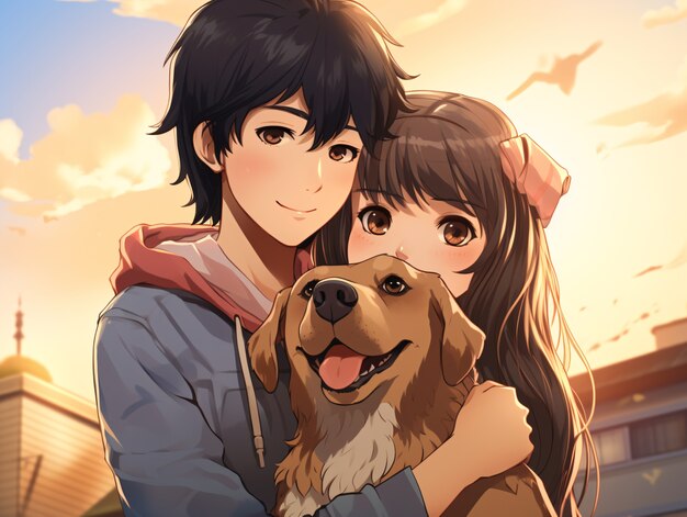 Front view anime couple hugging dog