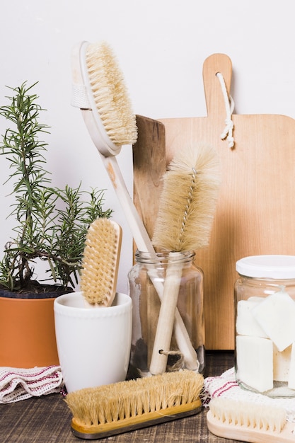 Front view arrangement of zero waste products on table