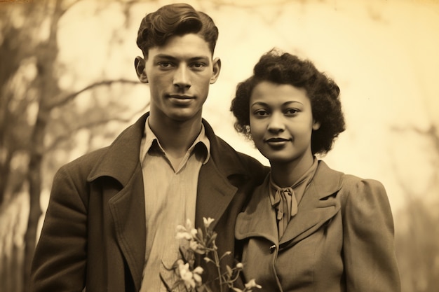 Free Photo front view beautiful couple posing vintage portrait