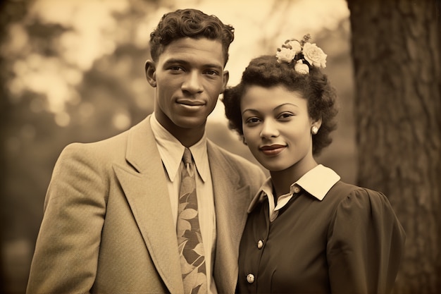 Free Photo front view beautiful couple posing vintage portrait